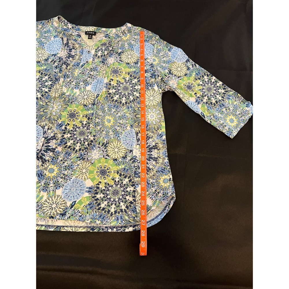 Links Blouse 1X Blue Green Kaleidoscope Floral Medallion 3/4 Sleeve Pleated Top - Picture 5 of 7